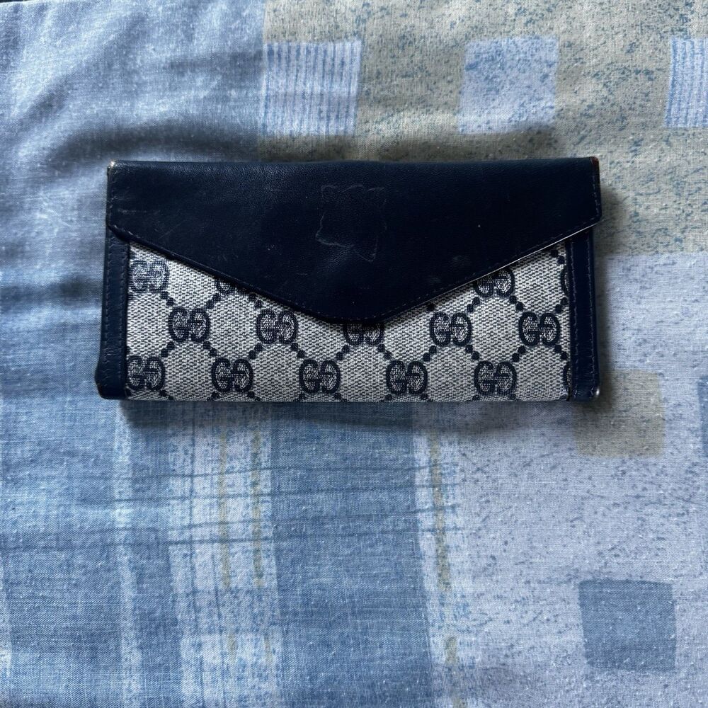 Gucci Vintage GG Canvas Dark blue Leather Bifold Wallet Vintage Italy "7 x 3.5" - Picture 2 of 16